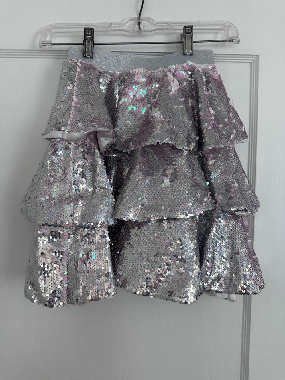 Lola + The Boys Iridescent Sequin Tiered Mini Skirt - Silver with Pink Sheen